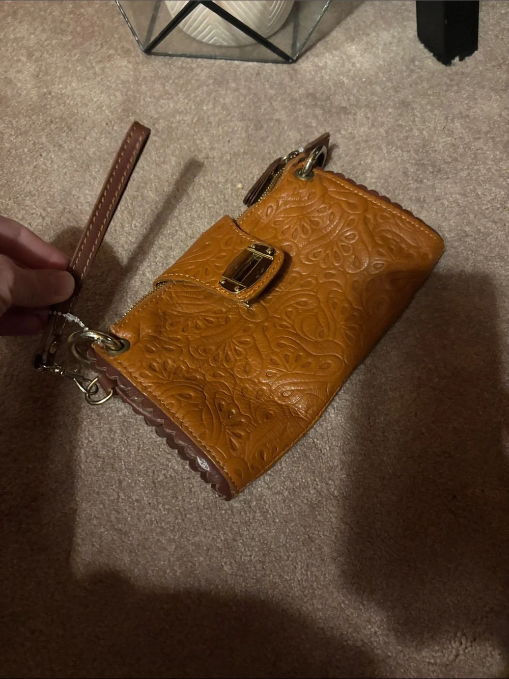 Embossed REAL Leather made in 🇮🇹 Wristlet Clutch - Brown